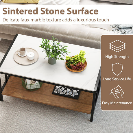Mesa de centro de 2 niveles con tapa de piedra sinterizada - Blanca
