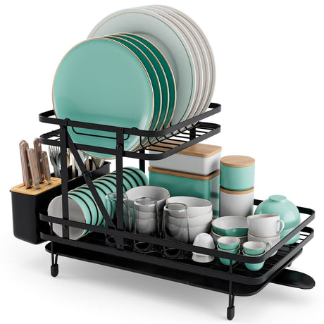 Escurridor de platos plegable de 2 niveles con bandeja de goteo extraíble