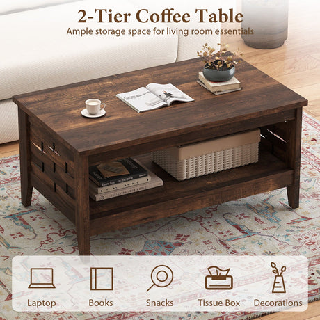 Mesa de centro rústica de 2 niveles con estante abierto y decoraciones tejidas para sala de estar