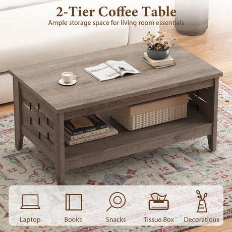 Mesa de centro rústica de 2 niveles con estante abierto y decoraciones tejidas para sala de estar