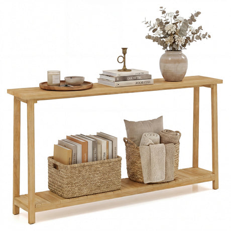 Mesa de sofá rústica de 2 niveles con estructura de madera de teca y estante de almacenamiento