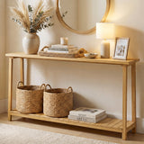 Mesa de sofá rústica de 2 niveles con estructura de madera de teca y estante de almacenamiento
