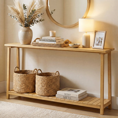 Mesa de sofá rústica de 2 niveles con estructura de madera de teca y estante de almacenamiento