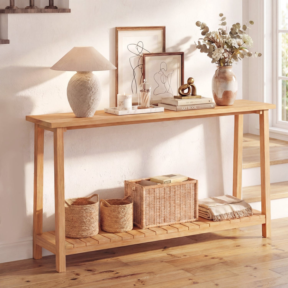 Mesa de sofá rústica de 2 niveles con estructura de madera de teca y estante de almacenamiento