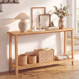 Mesa de sofá rústica de 2 niveles con estructura de madera de teca y estante de almacenamiento