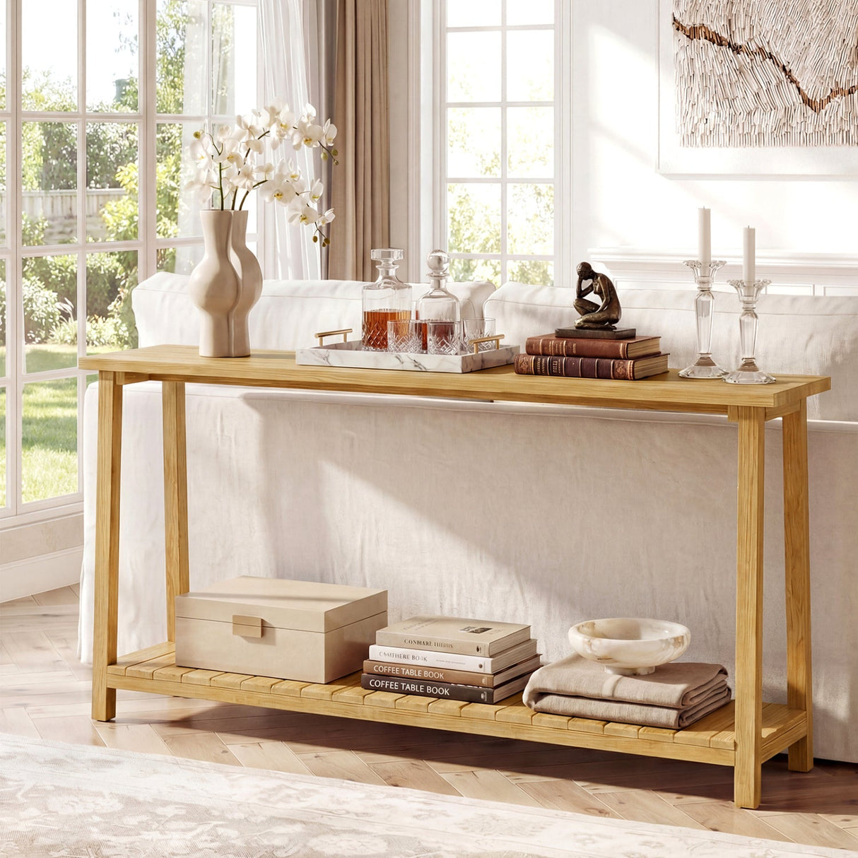 Mesa de sofá rústica de 2 niveles con estructura de madera de teca y estante de almacenamiento