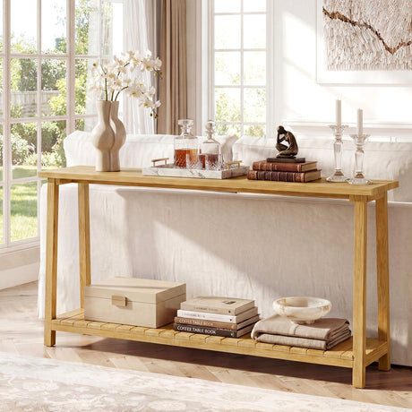 Mesa de sofá rústica de 2 niveles con estructura de madera de teca y estante de almacenamiento