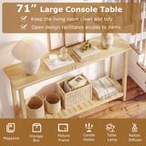Mesa de sofá rústica de 2 niveles con estructura de madera de teca y estante de almacenamiento