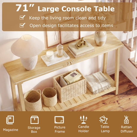 Mesa de sofá rústica de 2 niveles con estructura de madera de teca y estante de almacenamiento