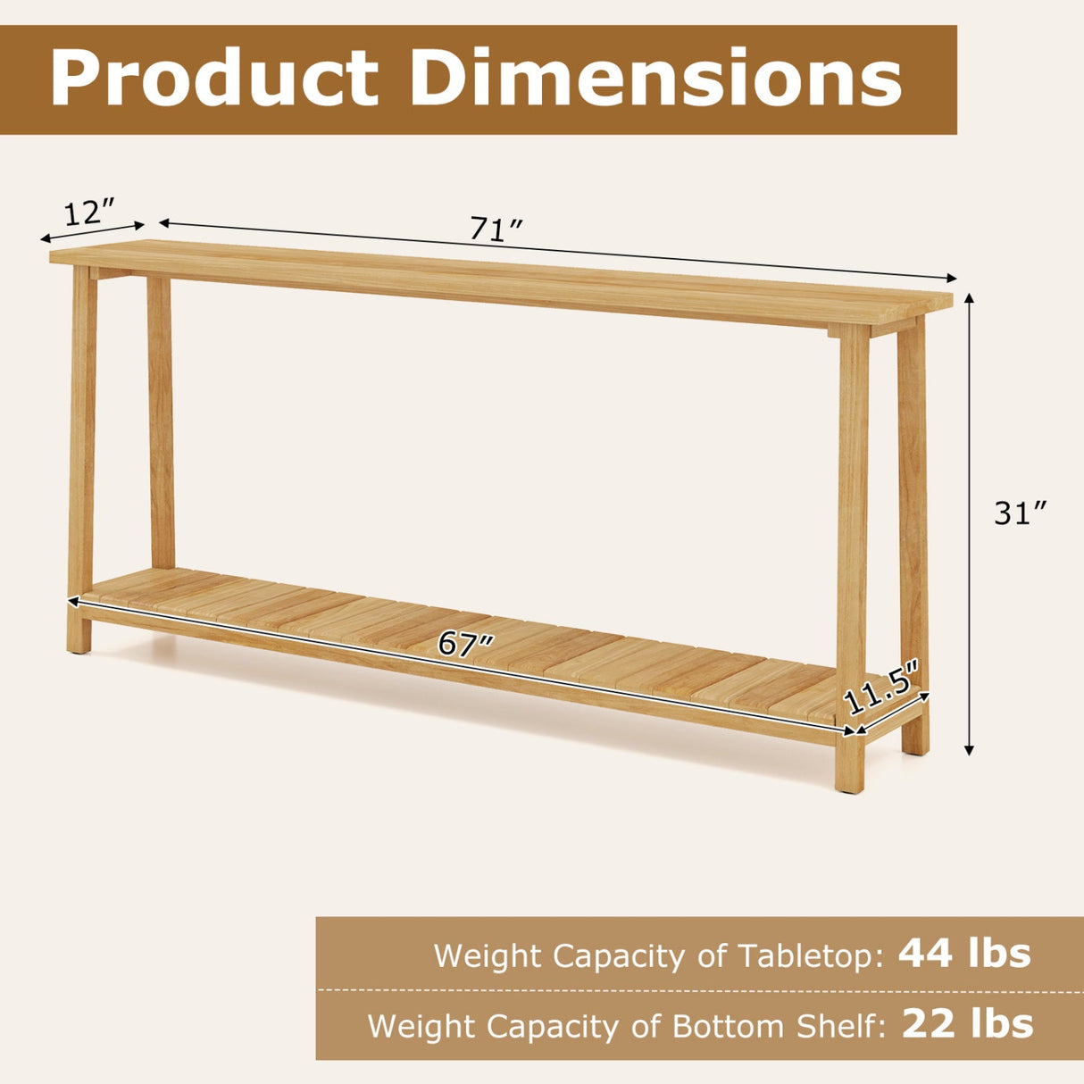 Mesa de sofá rústica de 2 niveles con estructura de madera de teca y estante de almacenamiento