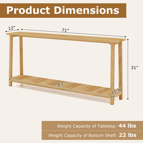 Mesa de sofá rústica de 2 niveles con estructura de madera de teca y estante de almacenamiento