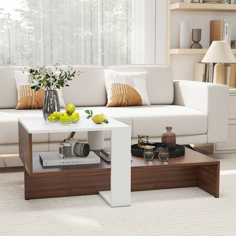 Mesa de Centro Geométrica de 2 Niveles con Estantes de Almacenamiento para Sala de Estar y Sala de Recepción - Blanco y Marrón