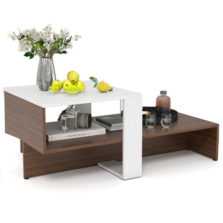 Mesa de Centro Geométrica de 2 Niveles con Estantes de Almacenamiento para Sala de Estar y Sala de Recepción - Blanco y Marrón