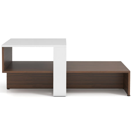 Mesa de Centro Geométrica de 2 Niveles con Estantes de Almacenamiento para Sala de Estar y Sala de Recepción - Blanco y Marrón