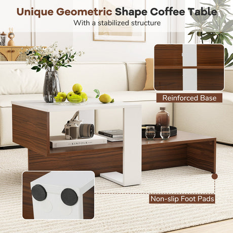 Mesa de Centro Geométrica de 2 Niveles con Estantes de Almacenamiento para Sala de Estar y Sala de Recepción - Blanco y Marrón