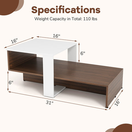 Mesa de Centro Geométrica de 2 Niveles con Estantes de Almacenamiento para Sala de Estar y Sala de Recepción - Blanco y Marrón