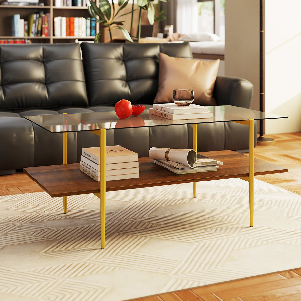2-Tier Glass Coffee Table with Tampered Glass Tabletop and Open Storage Shelf-Brown