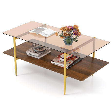 Mesa de centro de cristal de 2 niveles con superficie de cristal templado y estante de almacenamiento abierto - Marrón