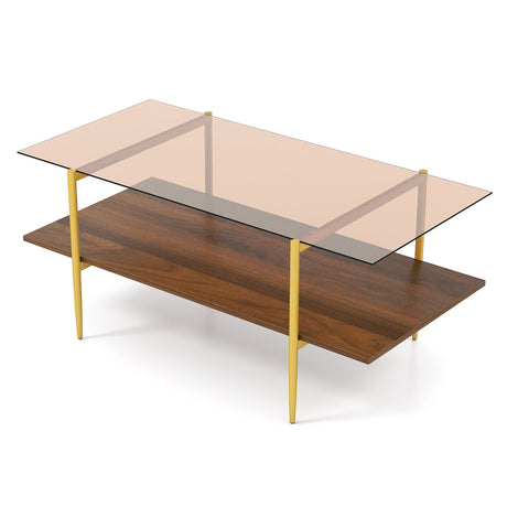 Mesa de centro de cristal de 2 niveles con superficie de cristal templado y estante de almacenamiento abierto - Marrón