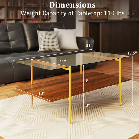 Mesa de centro de cristal de 2 niveles con superficie de cristal templado y estante de almacenamiento abierto - Marrón