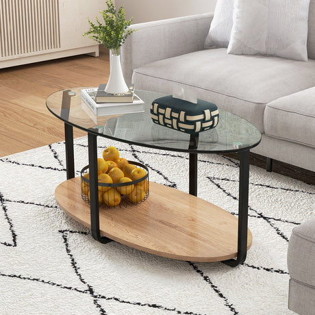 Mesa de centro ovalada de 2 niveles con superficie de cristal y estante de madera para sala de estar