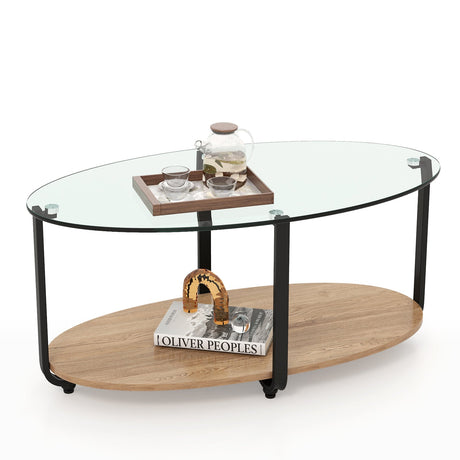Mesa de centro ovalada de 2 niveles con superficie de cristal y estante de madera para sala de estar