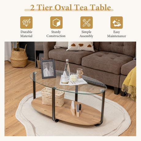 Mesa de centro ovalada de 2 niveles con superficie de cristal y estante de madera para sala de estar