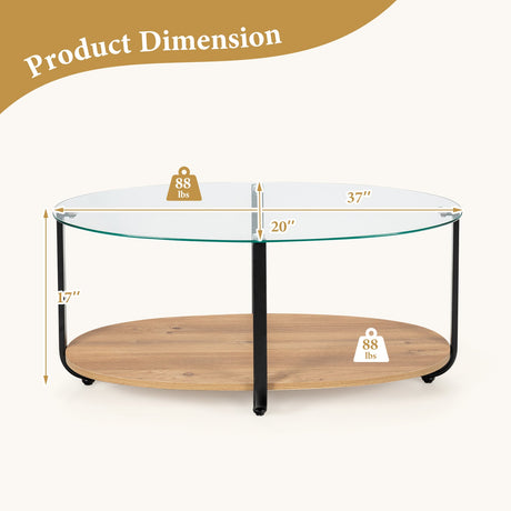 Mesa de centro ovalada de 2 niveles con superficie de cristal y estante de madera para sala de estar