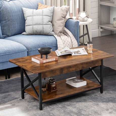 Mesa de centro rectangular industrial de 2 niveles con estante de almacenamiento
