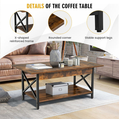 Mesa de centro rectangular industrial de 2 niveles con estante de almacenamiento