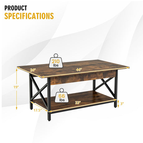 Mesa de centro rectangular industrial de 2 niveles con estante de almacenamiento