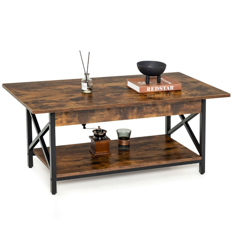 Mesa de centro rectangular industrial de 2 niveles con estante de almacenamiento