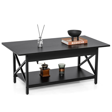 Mesa de centro rectangular industrial de 2 niveles con estante de almacenamiento