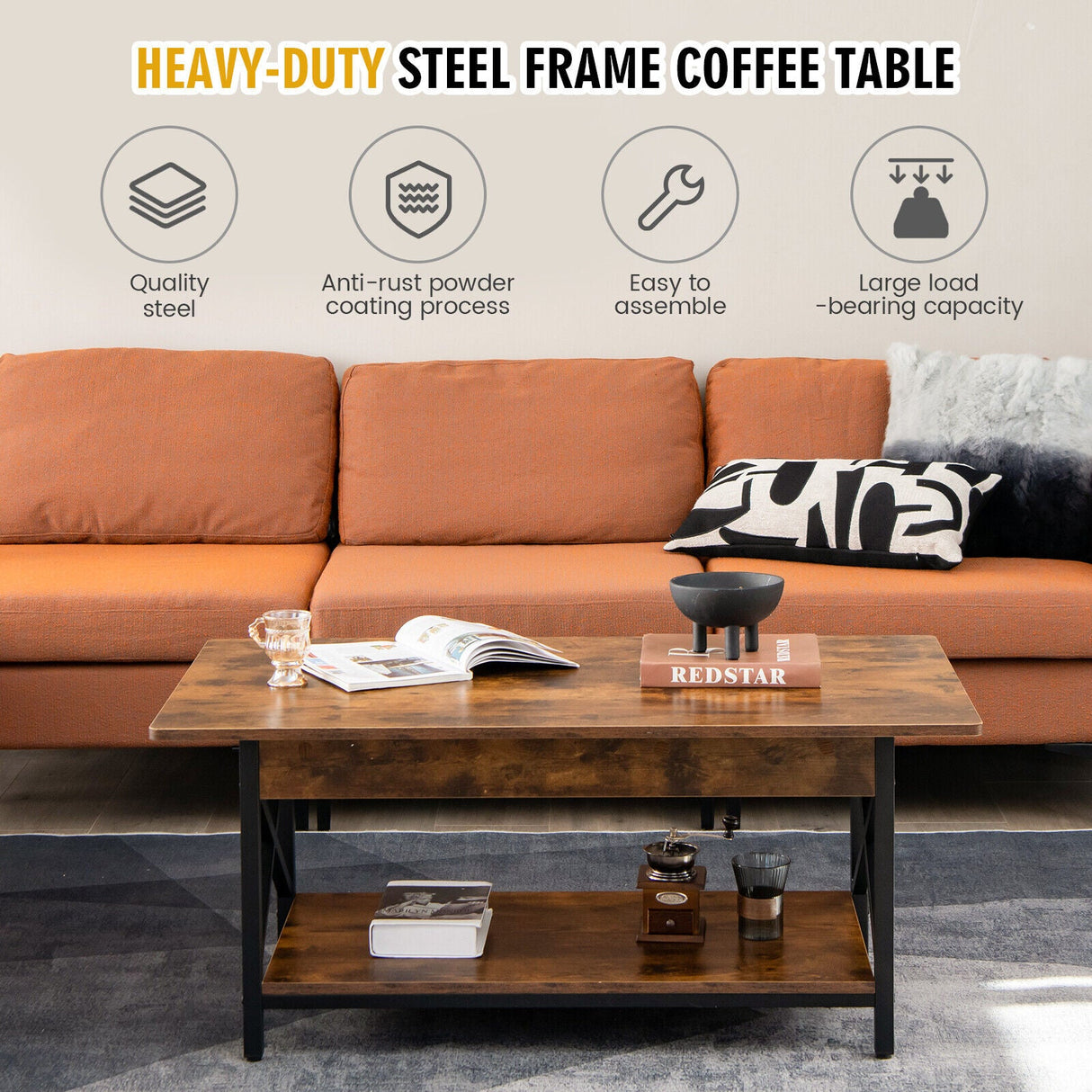Mesa de centro rectangular industrial de 2 niveles con estante de almacenamiento