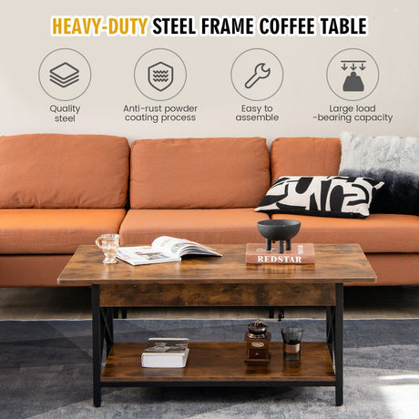 Mesa de centro rectangular industrial de 2 niveles con estante de almacenamiento