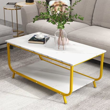 Mesa de centro rectangular de 2 niveles con tapa de imitación mármol y estructura metálica - Blanco