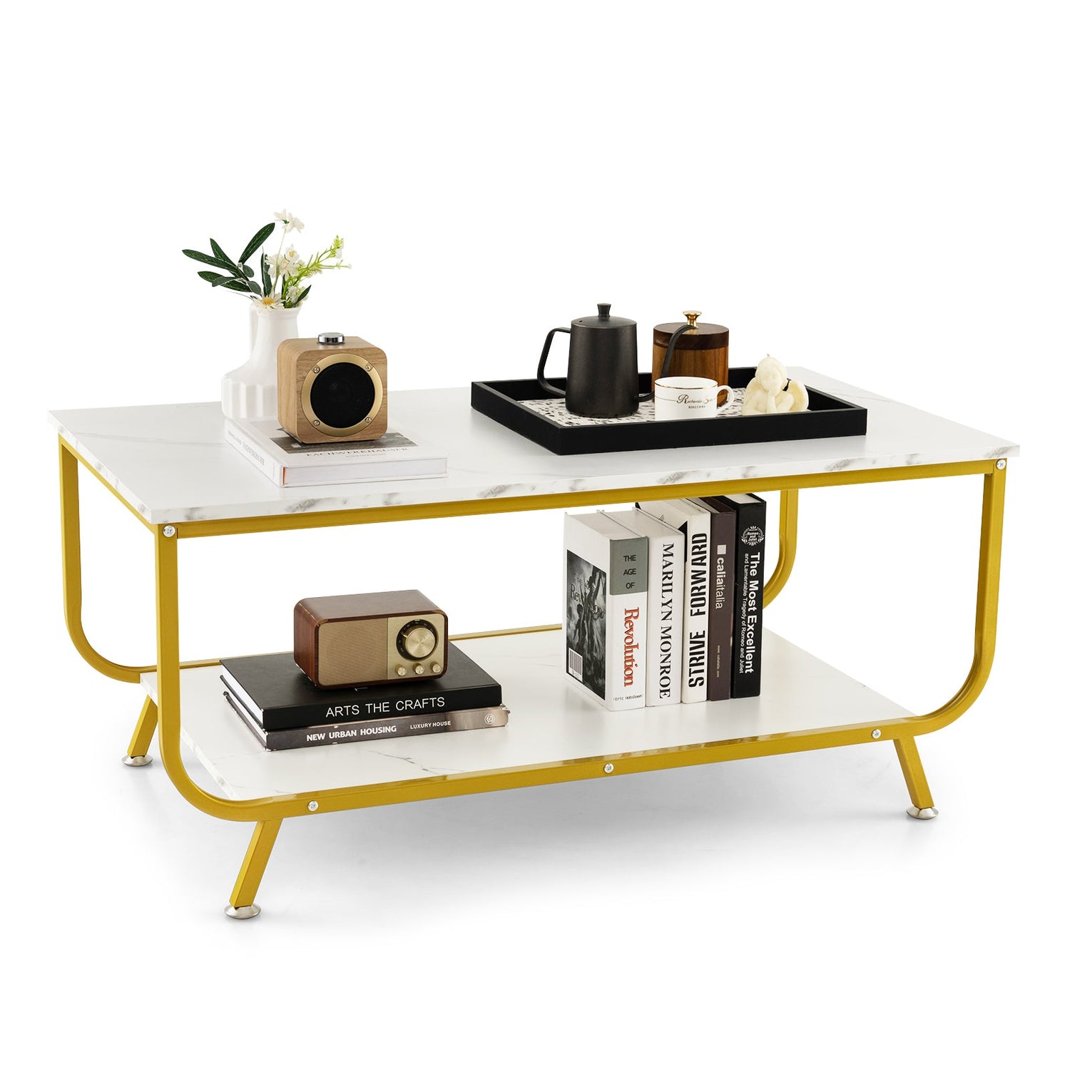 Mesa de centro rectangular de 2 niveles con tapa de imitación mármol y estructura metálica - Blanco