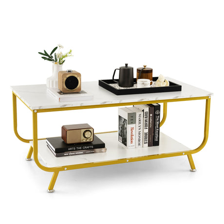 Mesa de centro rectangular de 2 niveles con tapa de imitación mármol y estructura metálica - Blanco