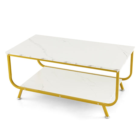 Mesa de centro rectangular de 2 niveles con tapa de imitación mármol y estructura metálica - Blanco