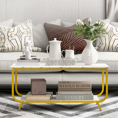 Mesa de centro rectangular de 2 niveles con tapa de imitación mármol y estructura metálica - Blanco