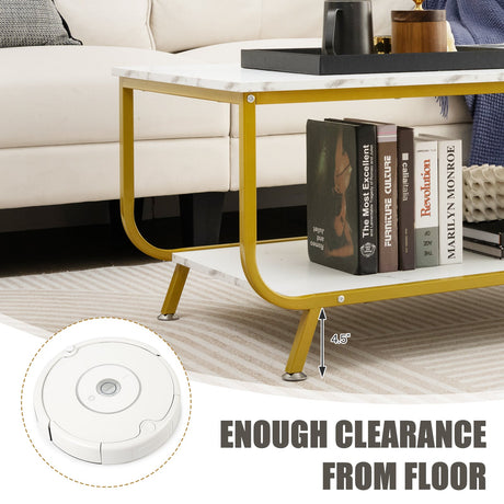 Mesa de centro rectangular de 2 niveles con tapa de imitación mármol y estructura metálica - Blanco