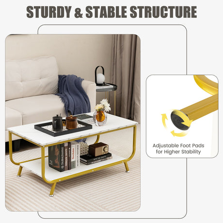 Mesa de centro rectangular de 2 niveles con tapa de imitación mármol y estructura metálica - Blanco