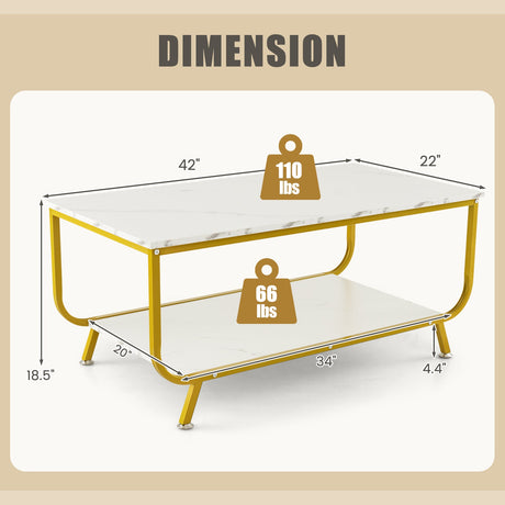 Mesa de centro rectangular de 2 niveles con tapa de imitación mármol y estructura metálica - Blanco