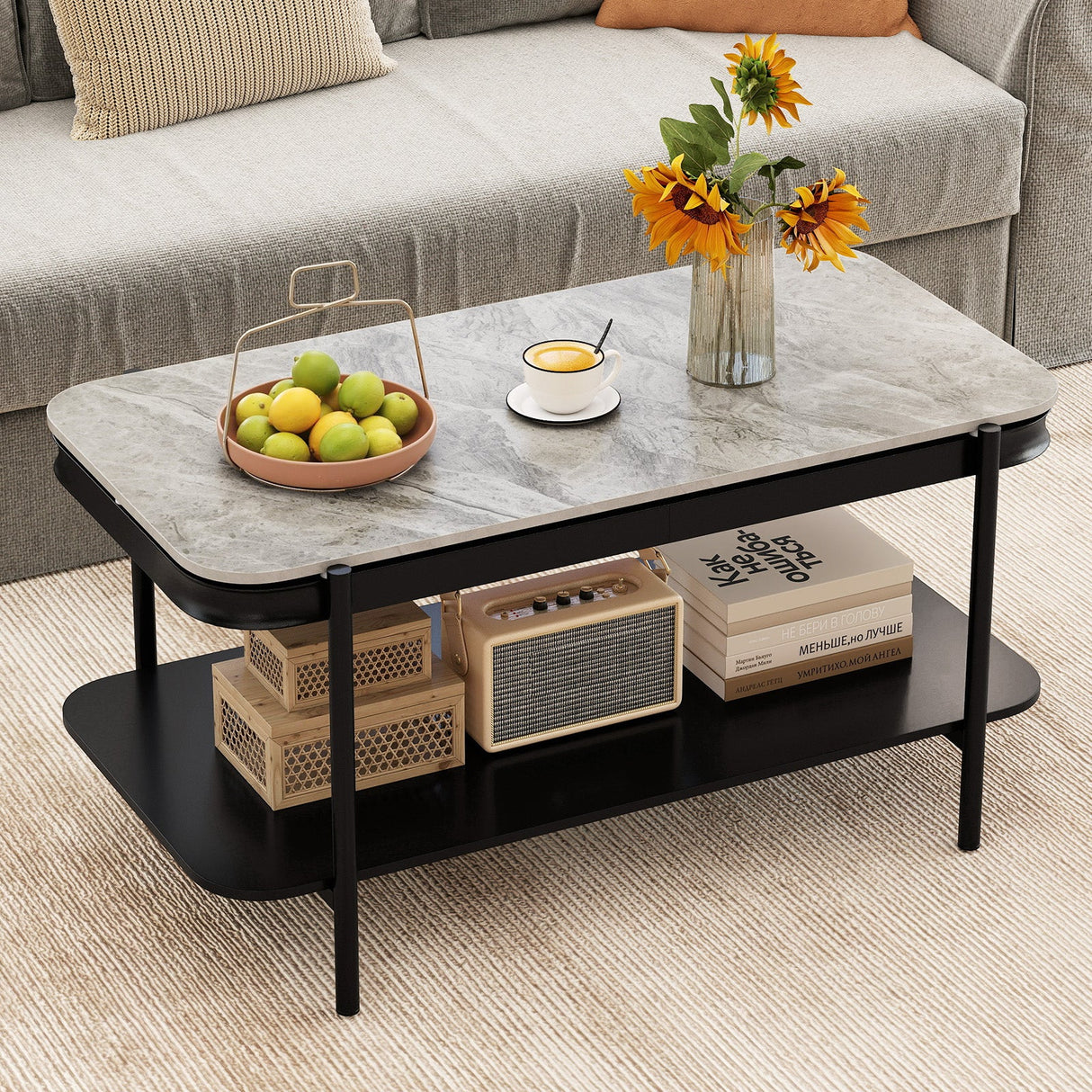 Mesa de centro rectangular moderna de 2 niveles con tapa de piedra sinterizada