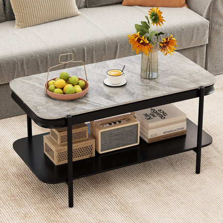 Mesa de centro rectangular moderna de 2 niveles con tapa de piedra sinterizada