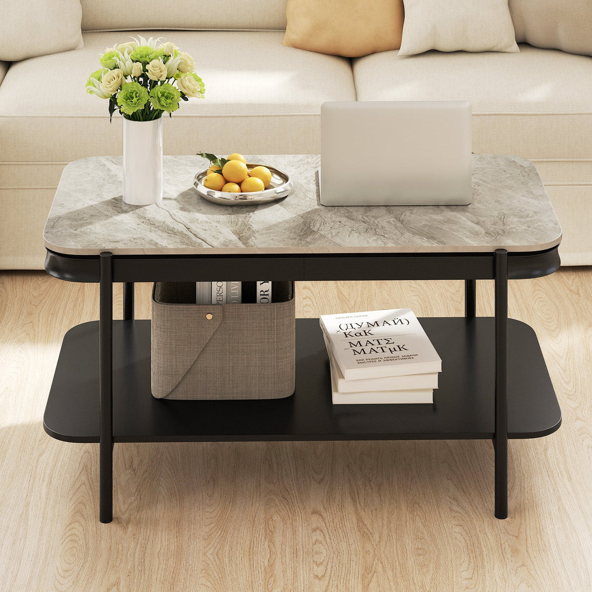 Mesa de centro rectangular moderna de 2 niveles con tapa de piedra sinterizada