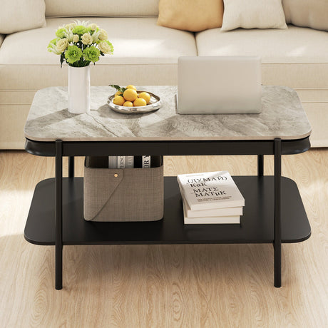 Mesa de centro rectangular moderna de 2 niveles con tapa de piedra sinterizada