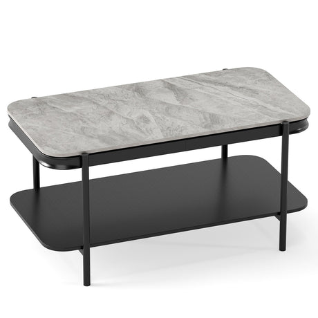 Mesa de centro rectangular moderna de 2 niveles con tapa de piedra sinterizada