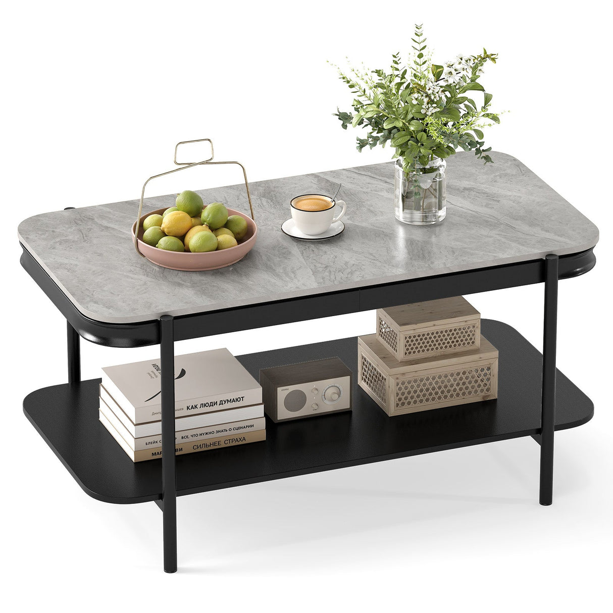 Mesa de centro rectangular moderna de 2 niveles con tapa de piedra sinterizada
