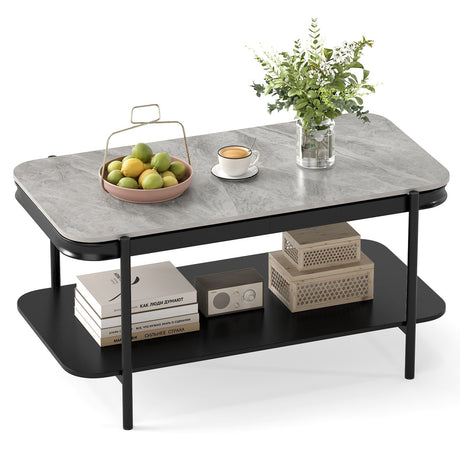 Mesa de centro rectangular moderna de 2 niveles con tapa de piedra sinterizada